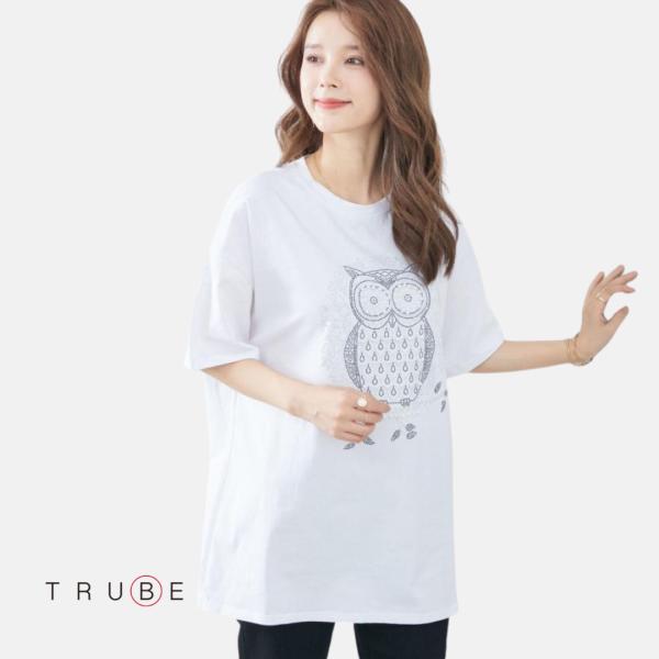 TRUBE【2024新作】【L~LL】パールラインストーンフクロウデザインTシャツ(C31-792)...