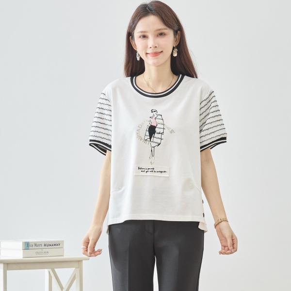レディースイラストボーダー袖Tシャツ【M~L】