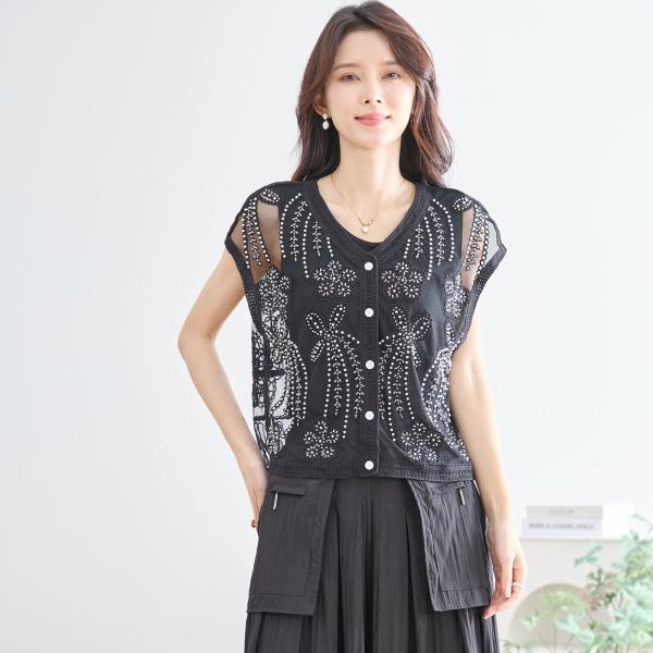 パール刺繍レースシアーベスト【M~L】 ブラック