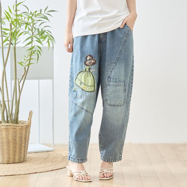 ガールアップリケ切替デザインバレルテーパードデニムパンツ【M~L】デニムブルー