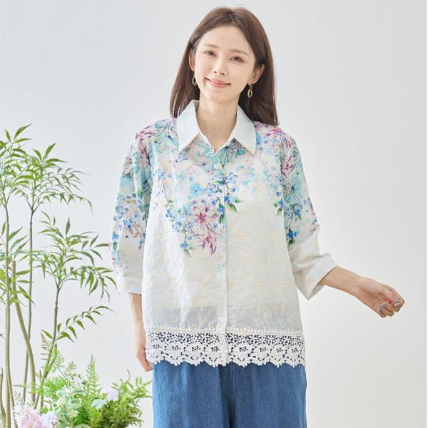 【SALE 10%OFF 8/27 10:00まで】フラワープリント裾レース刺繍シャツ【M~L】ブル...