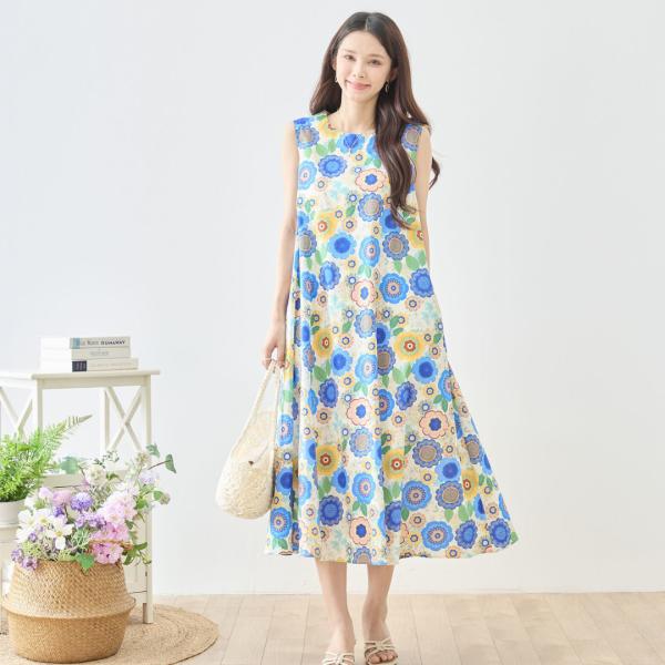【SALE 22%OFF 8/29 10:00まで】花柄イラストプリントノースリーブワンピース【M~...