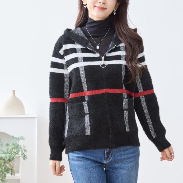 【SALE 40%OFF 3/25 10:00まで】チェック柄フードデザインシャギーニットジャケット...