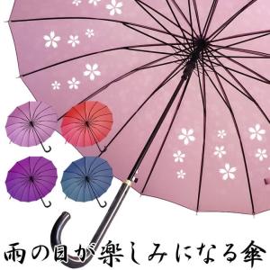 傘 16本骨 露桜 レディース ジャンプ傘 雨に濡れると桜柄が浮き出る傘