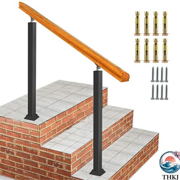 屋外玄関手すり 無垢材 アイアン階段手すり 角度調整可能 60cm 80cm 100cm 120cm...