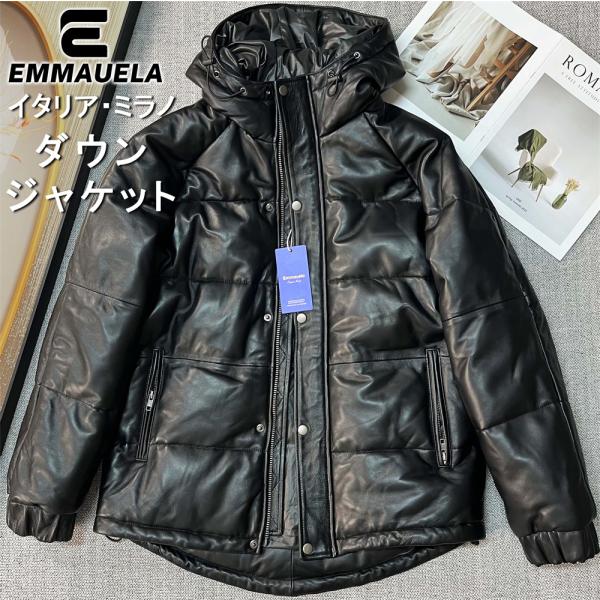 レザー ダウンジャケット EU製 Emmauela ミラノ発 羊革 シープスキン レザー グースダウ...
