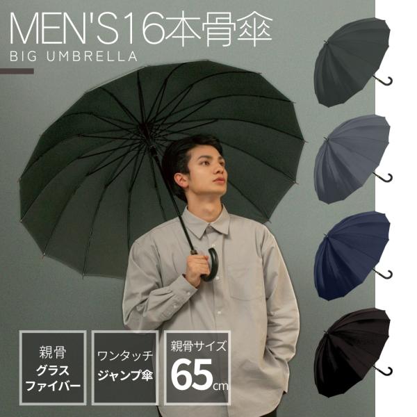 中谷 16本骨 無地 シンプル 紳士傘 ワンタッチ式 親骨65cm グラスファイバー ジャンプ傘 メ...