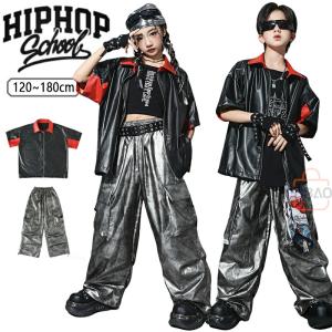 キッズ ダンス 衣装 黒 赤 シルバー レザー ...の商品画像