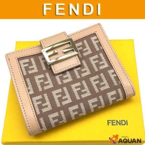 FENDI　フェンディ　ズッキーノ柄　折財布　コンパクト財布　キャンバス×レザー　ピンクベージュ×ブラウン｜aquankyoya