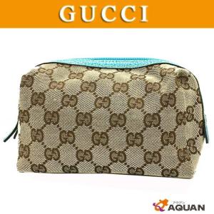 GUCCI  グッチ　GG　コスメポーチ　化粧ポーチ　マルチポーチ　キャンバス×レザー　ベージュ×水色　｜aquankyoya