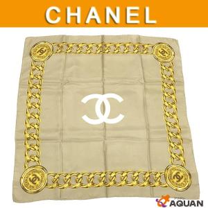 お買い得品！　シャネル　CHANEL　スカーフ　大判カレ　シルク100%　ベージュ系　ココマーク　チェーン｜aquankyoya