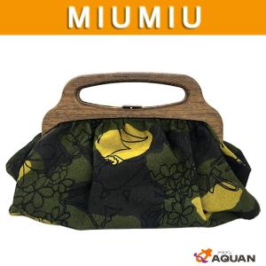 miumiu　ミュウミュウ　MIUMIU　ハンドバッグ　クラッチバック　ボタニカル柄　キャンバス×ウッド　カーキ｜aquankyoya