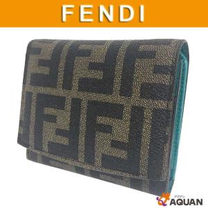 FENDI　フェンディ　ズッカ柄　コンパクト財布　折財布　ブラウン×ピーコックブルー　男女兼用　未使用　送料込み　｜aquankyoya