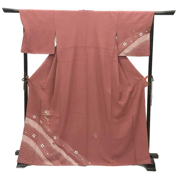 京やB085 正絹 特選 訪問着 ふくれ織 鹿の子絞り 浅蘇芳色 松 梅 花刺繍 フォーマル〜カジュ...