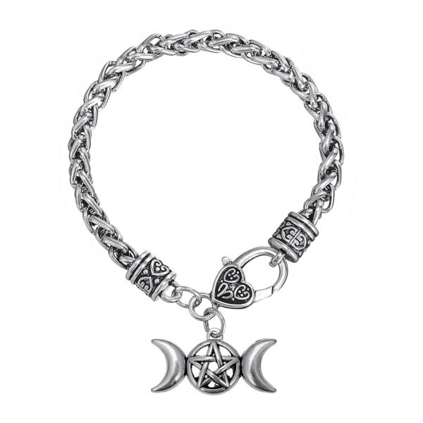 Triple Moon Goddess Amulet Wicca五角形の小麦チェーンブレスレットレデ...