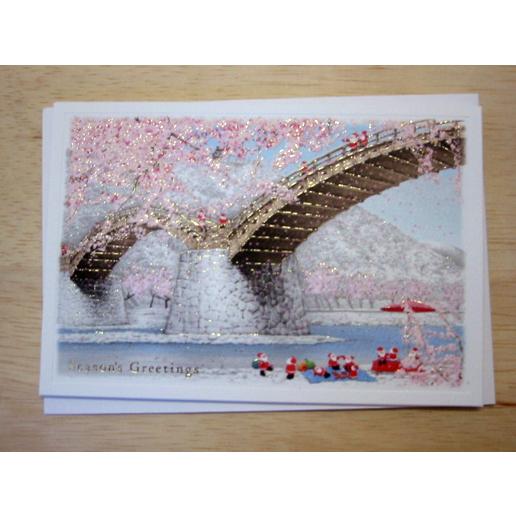 日本の風景のクリスマスカード『桜満開の山口,錦帯橋とサンタクロース』【ネコポス可】