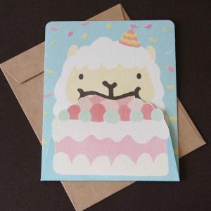 バースデーカード「ケーキを抱えたアルパカ」Happy Birthday 誕生日カード【ネコポス可】｜arancia-mm