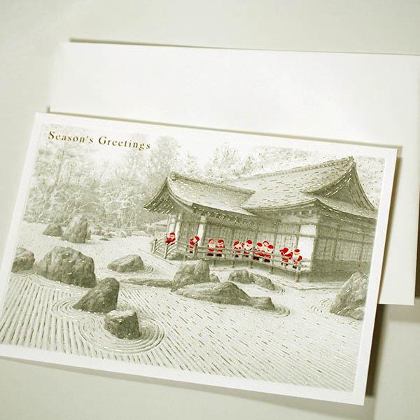 日本の風景のクリスマスカード,モノクローム『和歌山,高野山金剛峰寺の石庭を見学するサンタクロース』世...