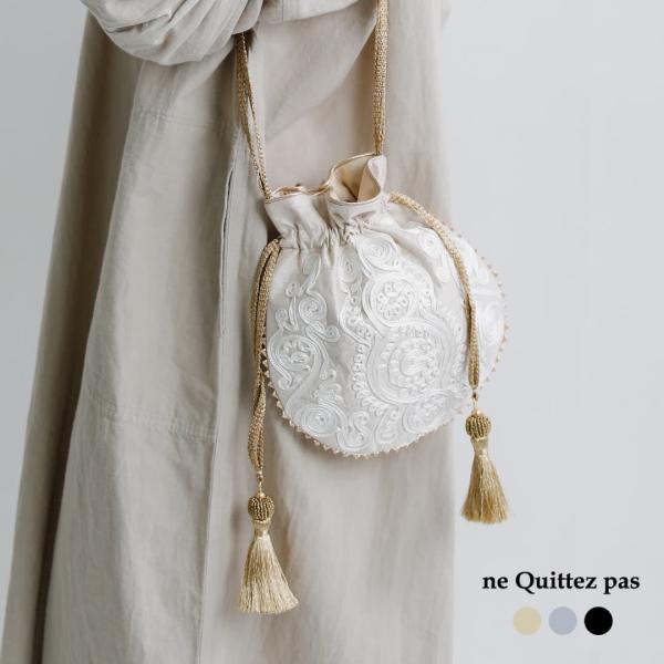 ヌキテパ ne Quittez pas 刺繍 ドローストリング ショルダーバッグ Embroider...