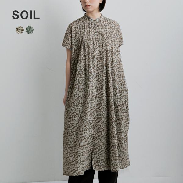 ソイル SOIL  コットンボイル ツートーン フラワープリント バンドカラー フレンチスリーブ ピ...