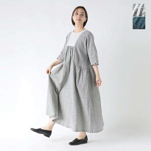 マガリ MAGALI リネン コットン ストライプ ヨーク ギャザー ワンピース op193 レディース