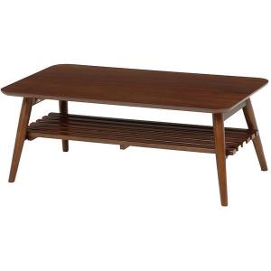 折りたたみテーブル ローテーブル 約幅90cm 長方形 ブラウン 木製 収納棚付き 折れ脚テーブル ...