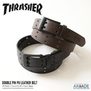 THRASHER/スラッシャー ベルト PUレザー ベルト Wピン フリーサイズ メンズ バックルベルト ミリタリー アメカジ ヴィンテージ スケーター系/爆買