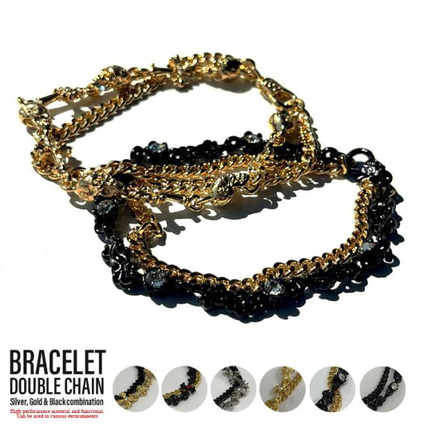 ブレスレット メンズ レディース シルバー ゴールド チェーンコンビ クロス 十字架 スカル モチー...