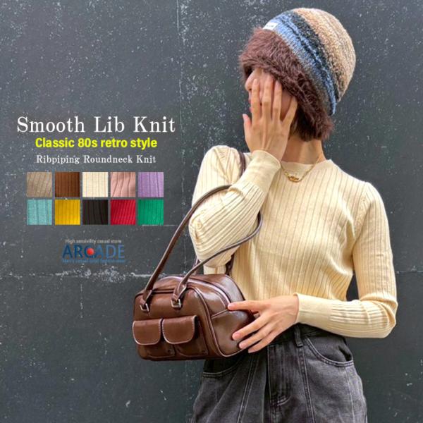 ニット レディース リブニット 無地 クルーネック 丸首 リブ編みニットカットソー Y2K レトロフ...