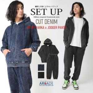 上下セットアップ メンズ デニムジップパーカー デニムイージーパンツ 上下セット ピグメント加工 メンズファッション ズボン ボトムス パーカー/爆買