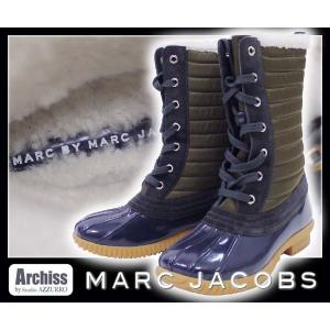 MARC BY MARC JACOBS カーキ＆ネイビー内側ムートンハンティングブーツ 37（約23.5cm）S21625｜archiss