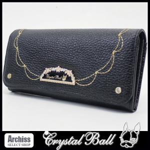 クリスタルボール Crystal Ball 黒シボ革にゴールドステッチロゴプレート付きガーデン長財布 レディース S54181