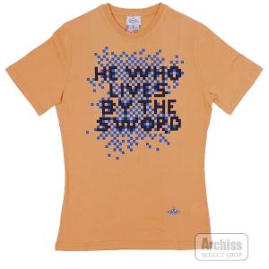 ヴィヴィアンウエストウッドマン Vivienne Westwood MAN Tシャツ 半袖 薄オレンジ ネイビー ドット絵 プリント オーブ刺繍入り Sサイズ VI-V9-74266-730 S58639｜archiss