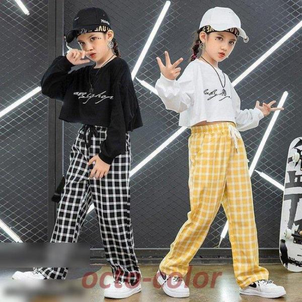 キッズダンス衣装 ヒップホップ セットアップ HIPHOP チェック柄 長袖 トップス パンツ 子供...