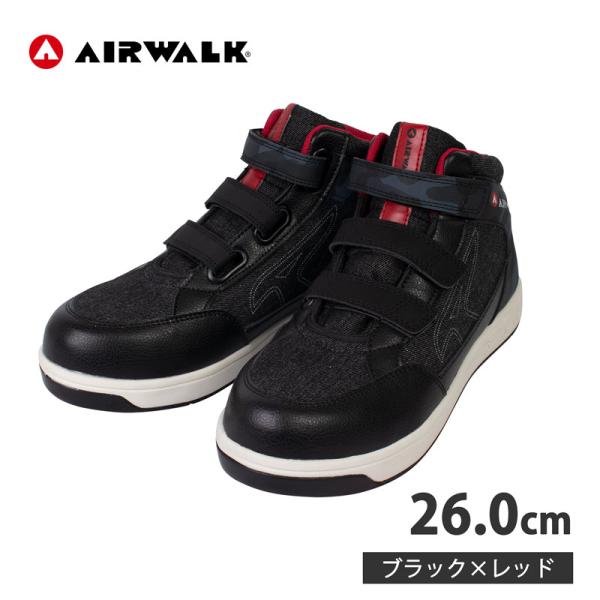 AIRWALK 安全靴 プロテクティブ 耐滑・軽量スニーカー 迷彩デニム 面ファスナー ブラック×レ...
