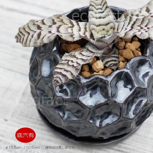 陶器鉢 植木鉢 ミニポット 皿付 ソルロックM メタル（焼鉄色 ） φ15.5cm おしゃれ かわい...