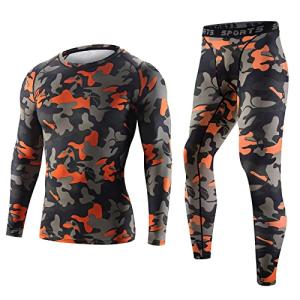 Sillictor コンプレッション ウェア 上下 セット メンズ 長袖 シャツ ＋ ロング パンツ  迷彩 オレンジ 3315+3316or-2XL
