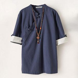 チャイナ服 チャイナシャツ 漢服 メンズ 男性用 レトロ 斜め襟 半袖 道服 禅服 斜め開き カジュアル 綿100% 中華風【送料無料】｜アルゴノートストア