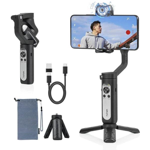 スマホ　ジンバル 3軸 iphone 自撮り棒 AI自動追跡 撮影用ライト付き３階段調光 スマホに給...