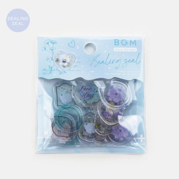 BGM 「花の宝石箱・ブルー」 クリアシーリングシール 18枚入 / 箔押し PVC素材 スタンプ風...