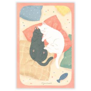にゃんとも ポストカード ねんね / 黒猫 白猫 ネコ お昼寝 イラスト はがき