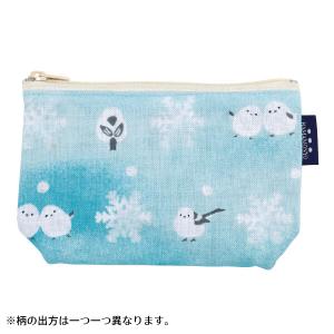 濱文様 フラットポーチ シマエナガと雪 / 冬柄 野鳥 化粧ポーチ 日本製