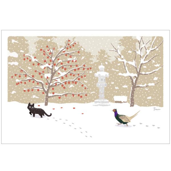 たびねこ 冬柄 ポストカード キジに追われて / 可愛い 猫 ネコ 四季 風景 はがき もりとしのり
