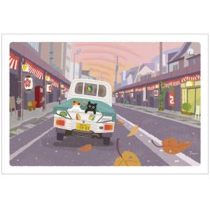 たびねこ 秋柄 ポストカード 秋祭りの夕暮れ / 可愛い