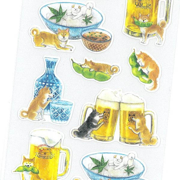しばいぬとおいしい夏 和風シール お酒とおつまみ / 可愛い 柴犬 夏柄 クリア台紙 村田なつか