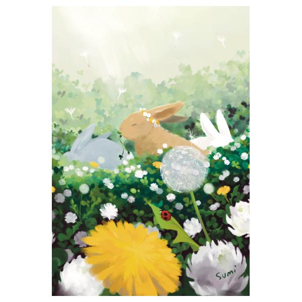 春柄 ポストカード しあわせのクローバー畑 / かみとすみ ウサギ イラスト はがき
