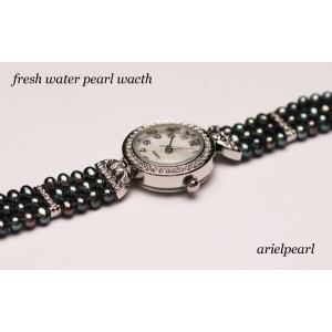 真珠パールブレスレット淡水真珠ブラック3連腕時計ウオッチ6月誕生石｜arielpearl
