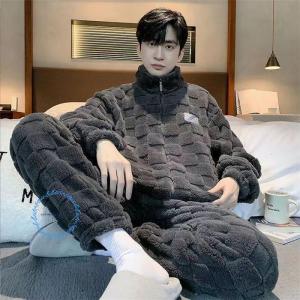 パジャマ メンズ 秋冬用 ルームウェア セットアップ 部屋着 2点セット 上下セット コーラルフリース 長袖 長パンツ チェック柄 単色 立ち襟 ジップアップ ゴムひ｜ARinternationalshop