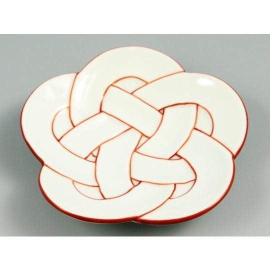 有田焼 田清窯 睦峯 白磁赤線梅結び 銘々皿