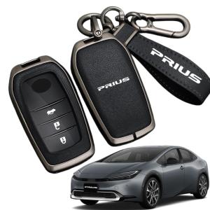 トヨタ プリウス 60系（2023.1〜）対応 本革スマートキーケース キーカバー 傷防止 レザー 全面保護(ガンメタ×ブラック プリウス 適用)